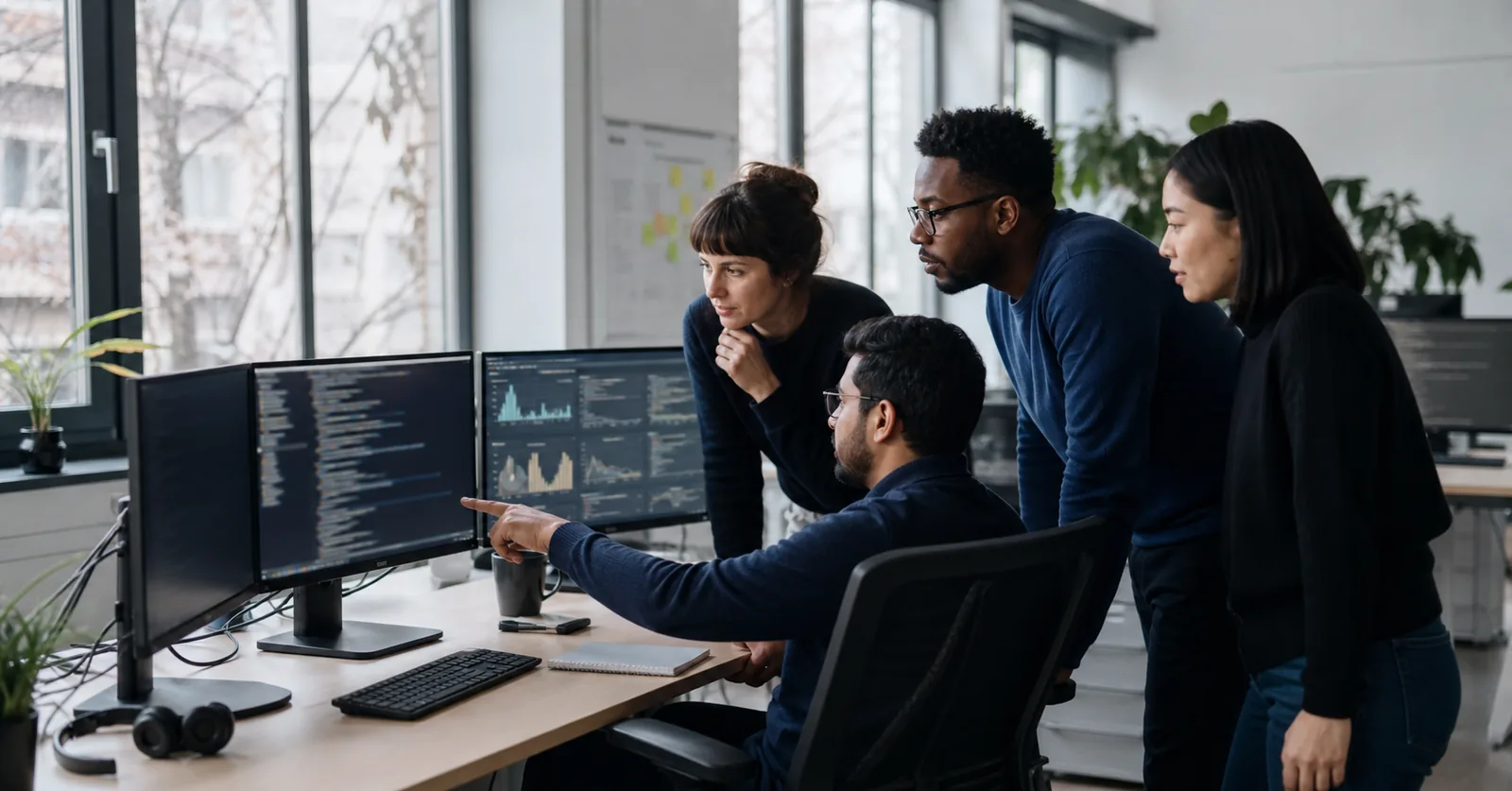 Fictional AI-generated platform engineering team collaborating around Kubernetes dashboards